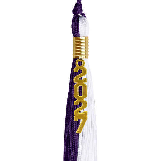 Purple/White Graduation Tassel with Gold Stacked Date Drop by Wholesale Grad Supply