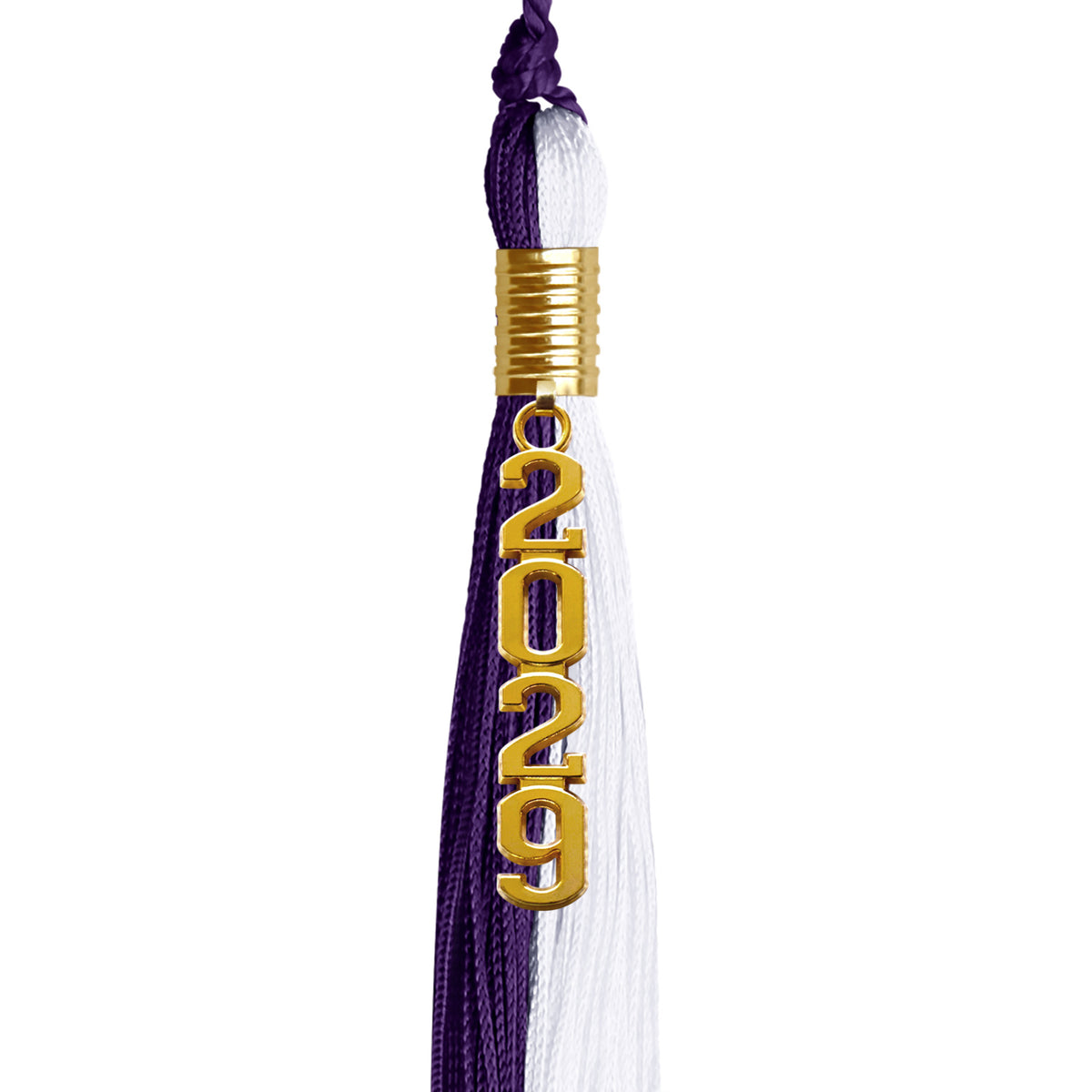 Purple/White Graduation Tassel with Gold Stacked Date Drop by Wholesale Grad Supply