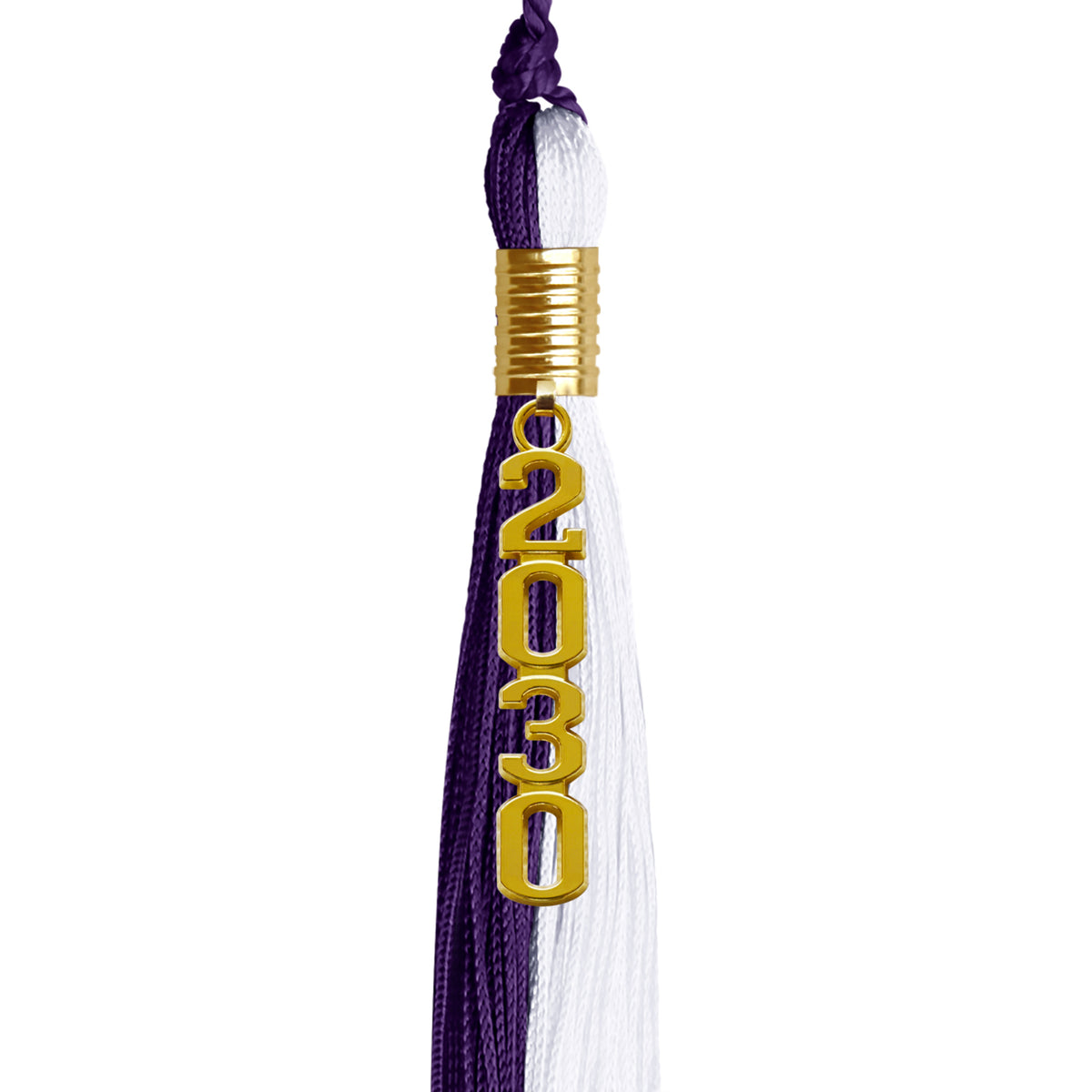 Purple/White Graduation Tassel with Gold Stacked Date Drop by Wholesale Grad Supply