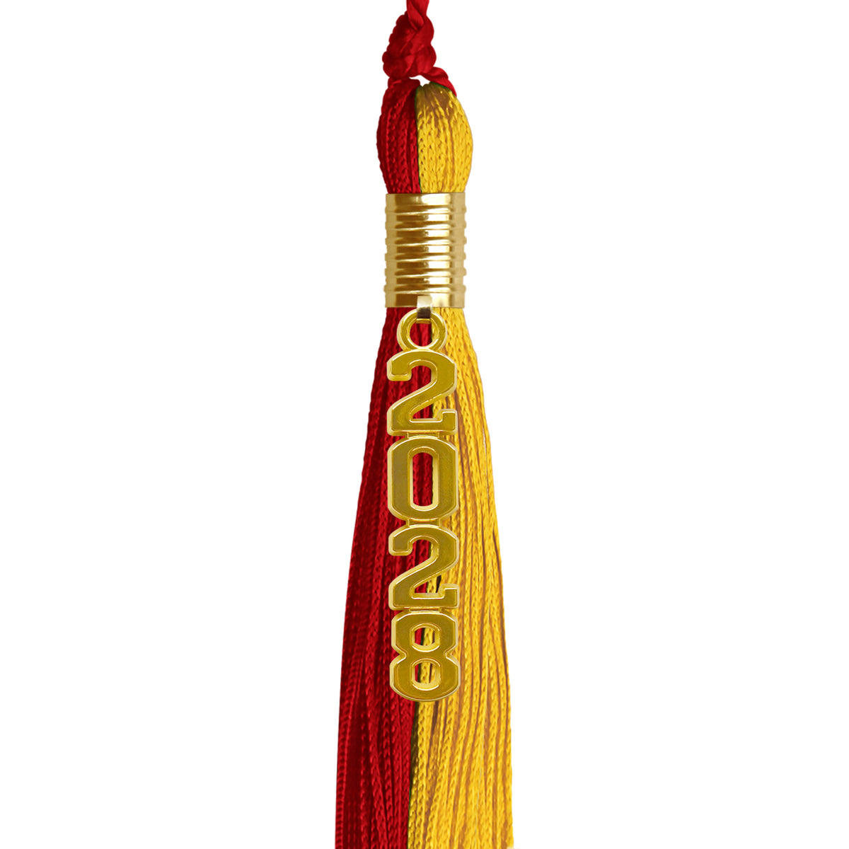Red/Gold Graduation Tassel with Gold Stacked Date Drop by Wholesale Grad Supply