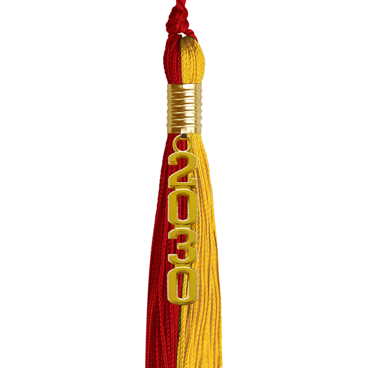 Red/Gold Graduation Tassel with Gold Stacked Date Drop by Wholesale Grad Supply