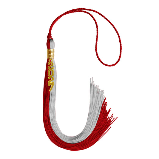 Red/Grey Graduation Tassel with Gold Stacked Date Drop by Wholesale Grad Supply