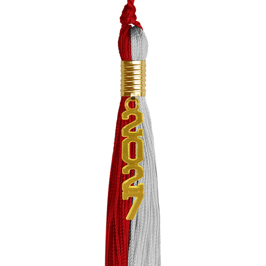 Red/Grey Graduation Tassel with Gold Stacked Date Drop by Wholesale Grad Supply