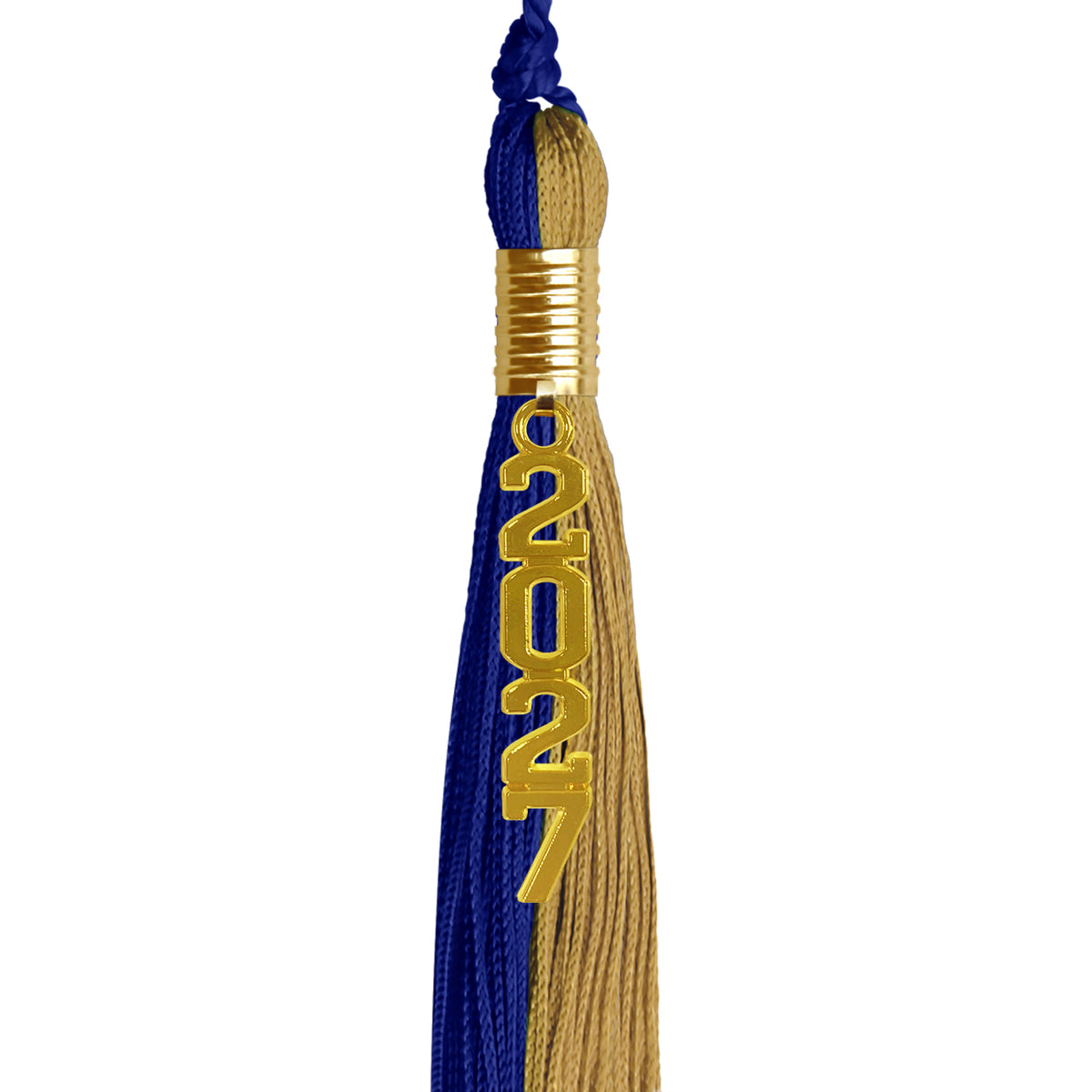 Royal Blue/Antique Gold Graduation Tassel with Gold Stacked Date Drop by Wholesale Grad Supply