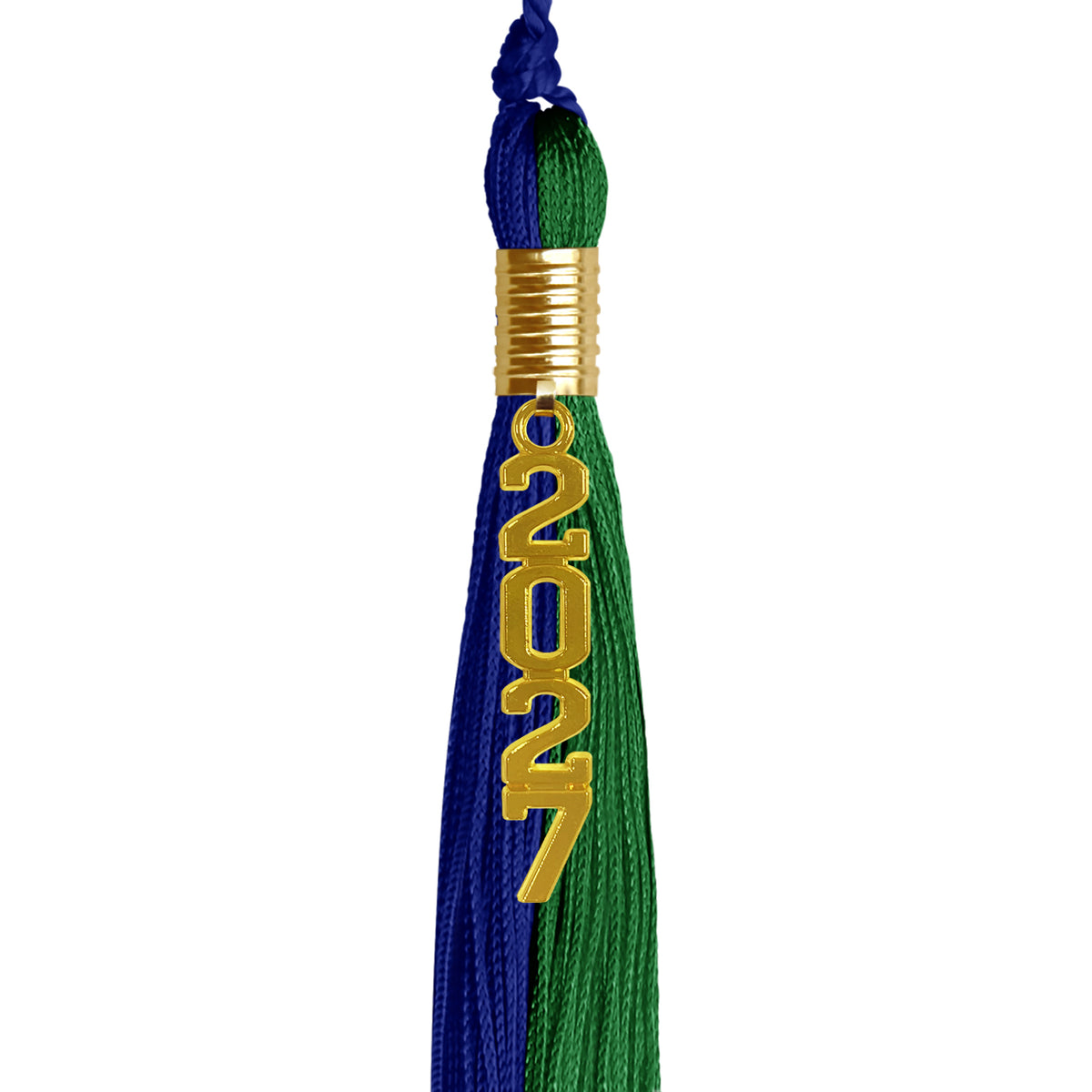 Royal Blue/Green Graduation Tassel with Gold Stacked Date Drop by Wholesale Grad Supply