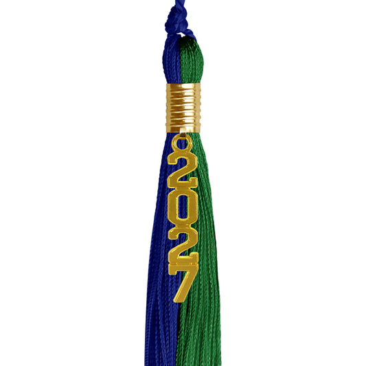 Royal Blue/Green Graduation Tassel with Gold Stacked Date Drop by Wholesale Grad Supply