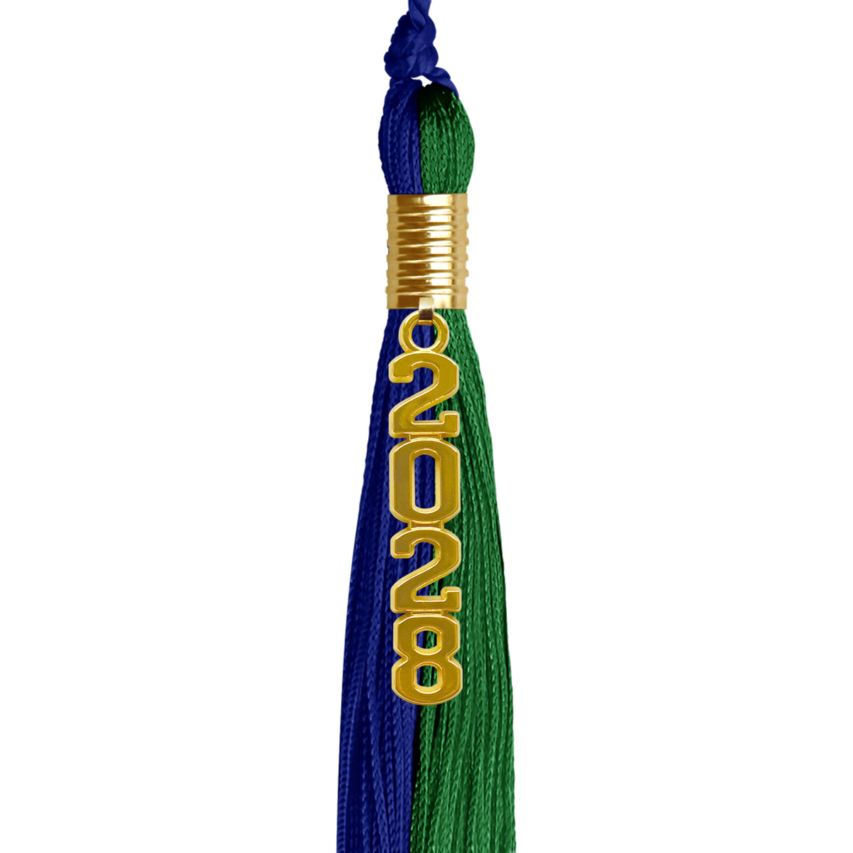 Royal Blue/Green Graduation Tassel with Gold Stacked Date Drop by Wholesale Grad Supply