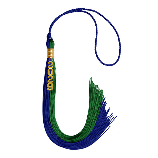 Royal Blue/Green Graduation Tassel with Gold Stacked Date Drop by Wholesale Grad Supply