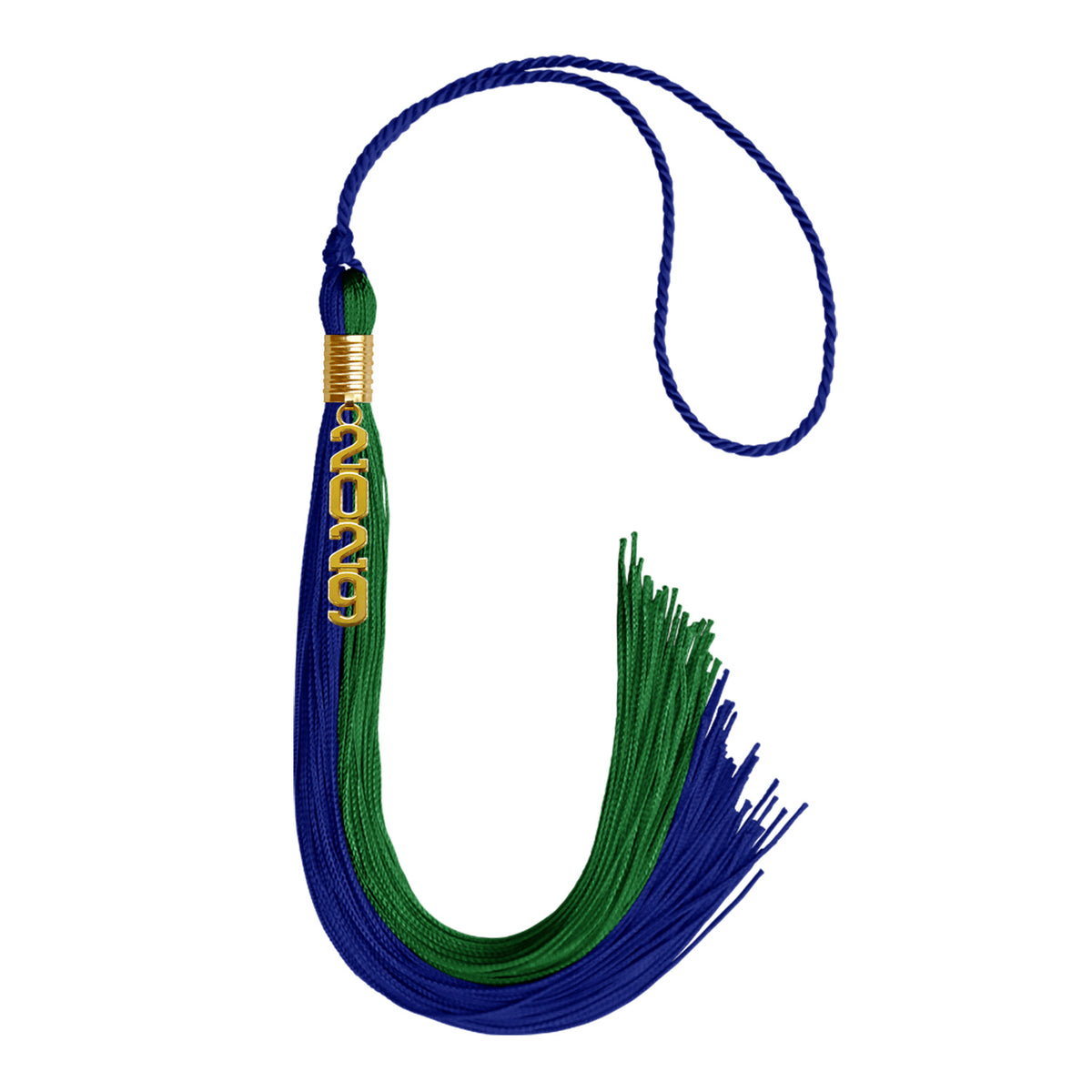 Royal Blue/Green Graduation Tassel with Gold Stacked Date Drop by Wholesale Grad Supply