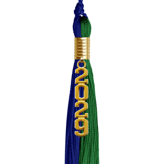 Royal Blue/Green Graduation Tassel with Gold Stacked Date Drop by Wholesale Grad Supply