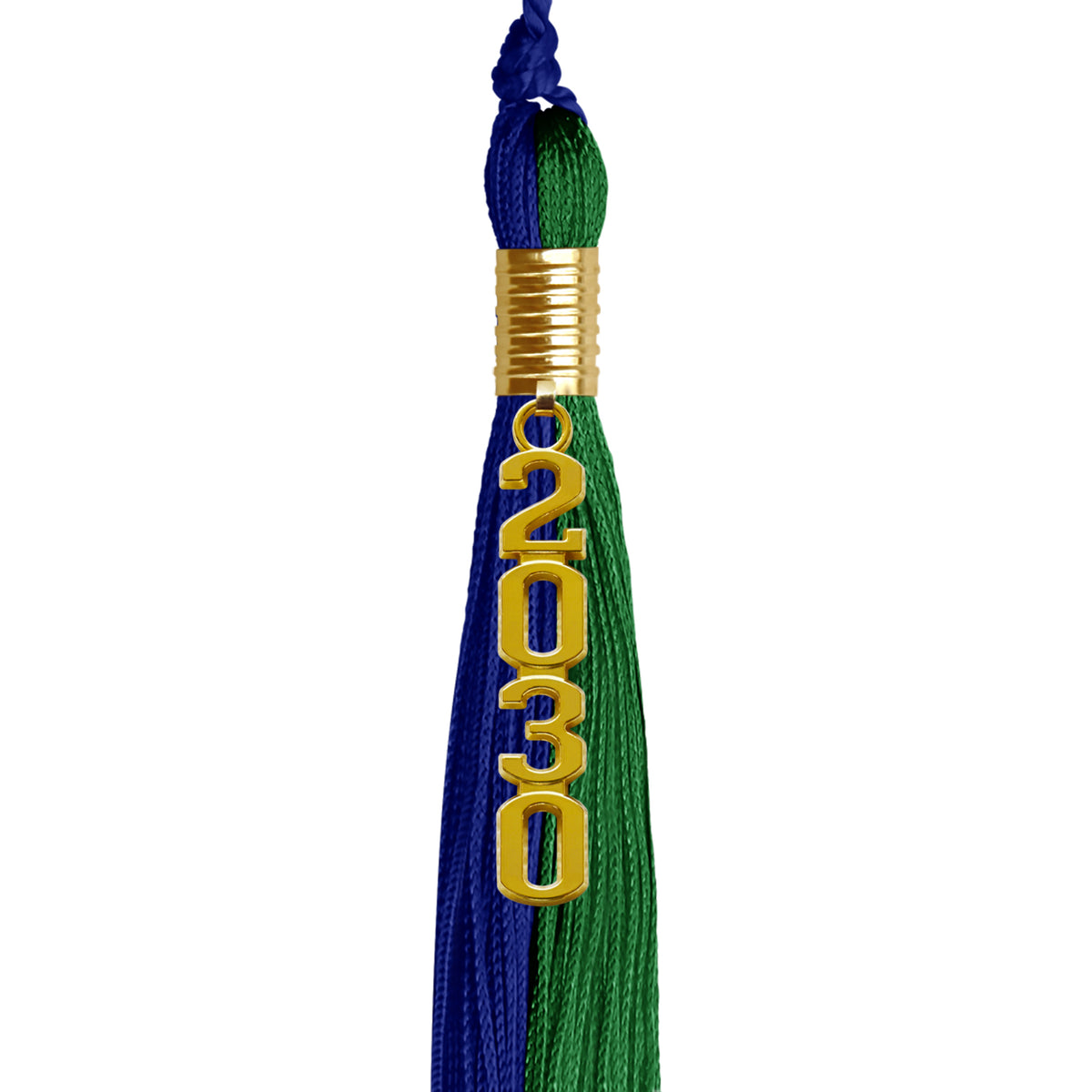 Royal Blue/Green Graduation Tassel with Gold Stacked Date Drop by Wholesale Grad Supply