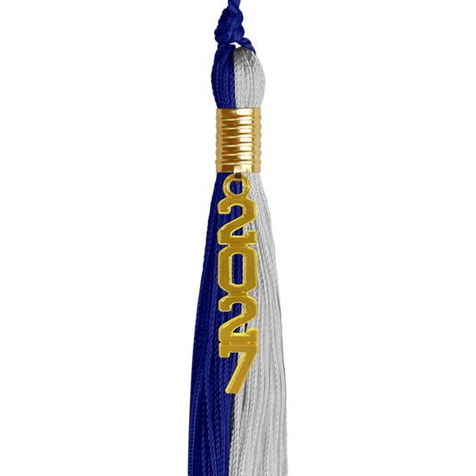 Royal Blue/Grey Graduation Tassel with Gold Stacked Date Drop by Wholesale Grad Supply