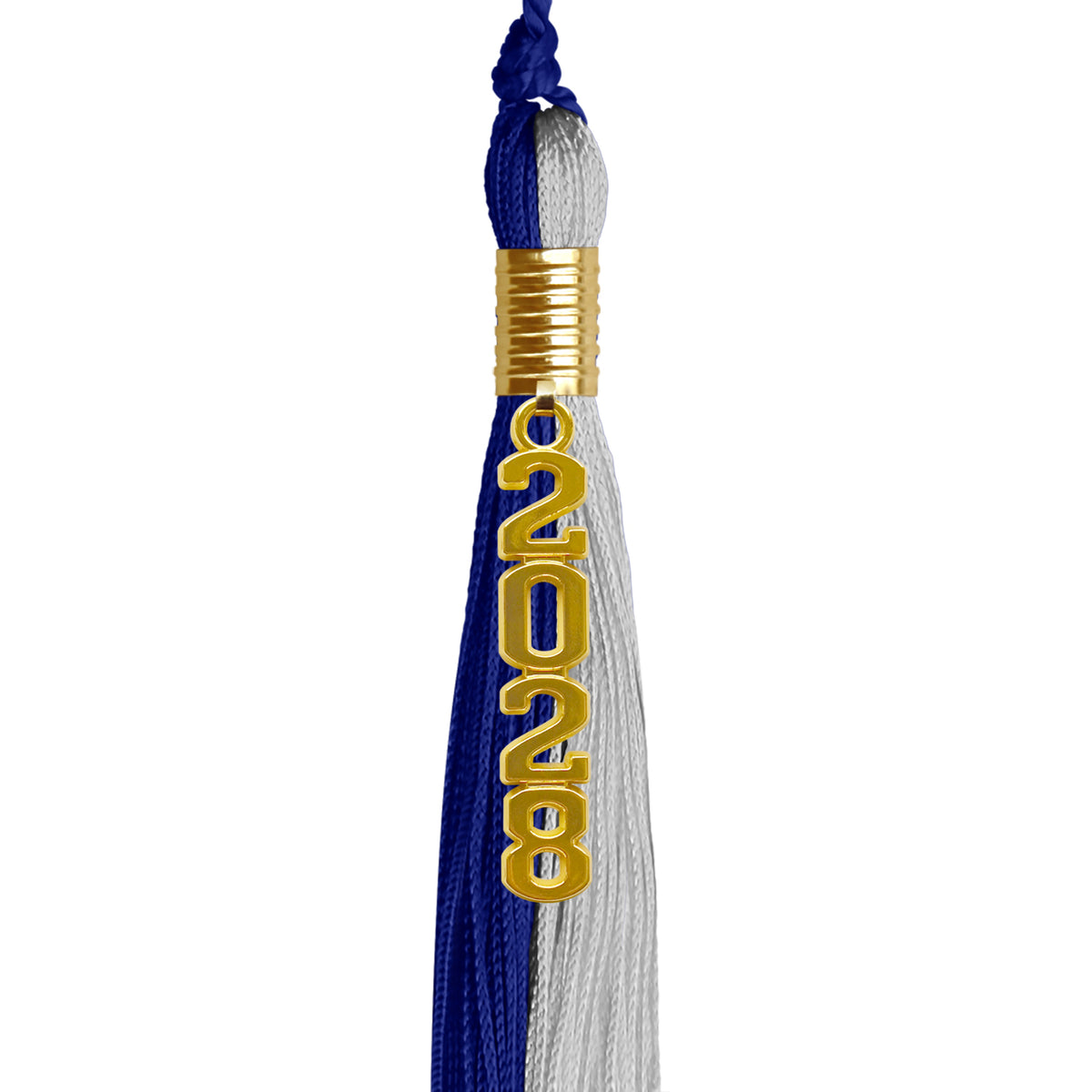 Royal Blue/Grey Graduation Tassel with Gold Stacked Date Drop by Wholesale Grad Supply