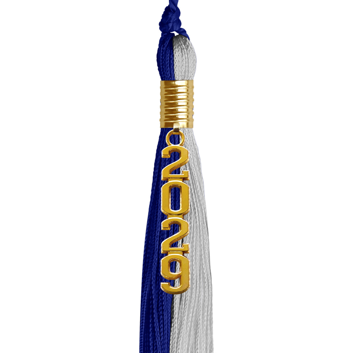 Royal Blue/Grey Graduation Tassel with Gold Stacked Date Drop by Wholesale Grad Supply