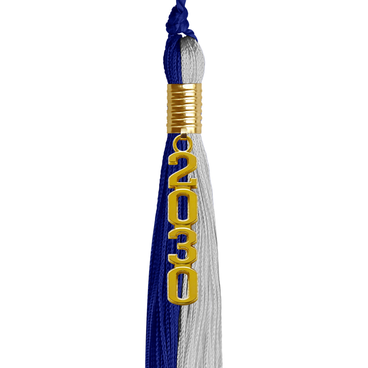 Royal Blue/Grey Graduation Tassel with Gold Stacked Date Drop by Wholesale Grad Supply