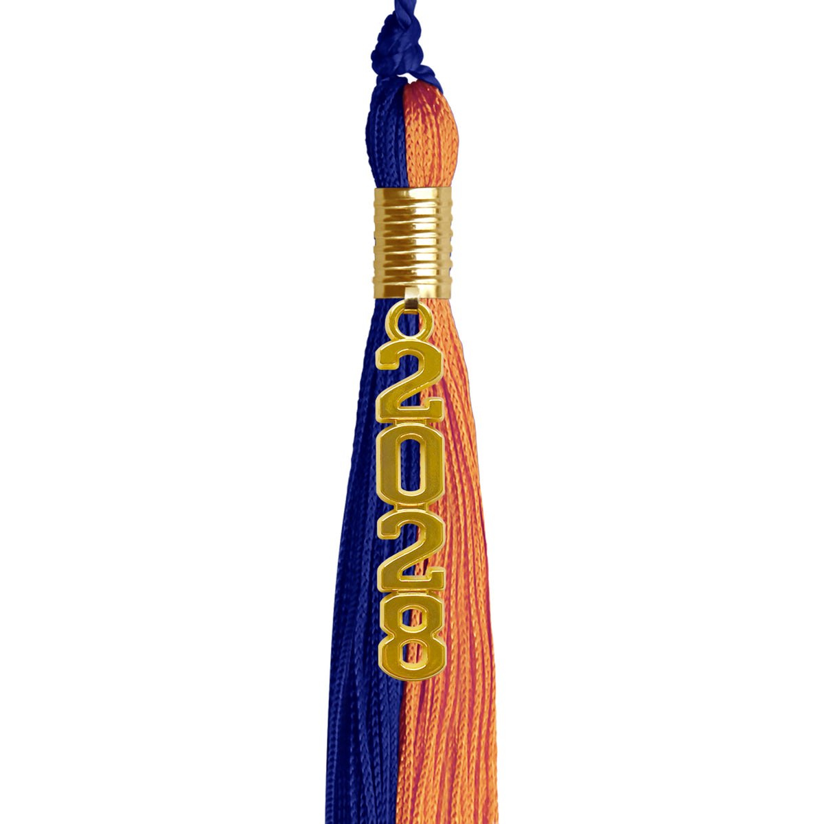 Royal Blue/Orange Graduation Tassel with Gold Stacked Date Drop by Wholesale Grad Supply
