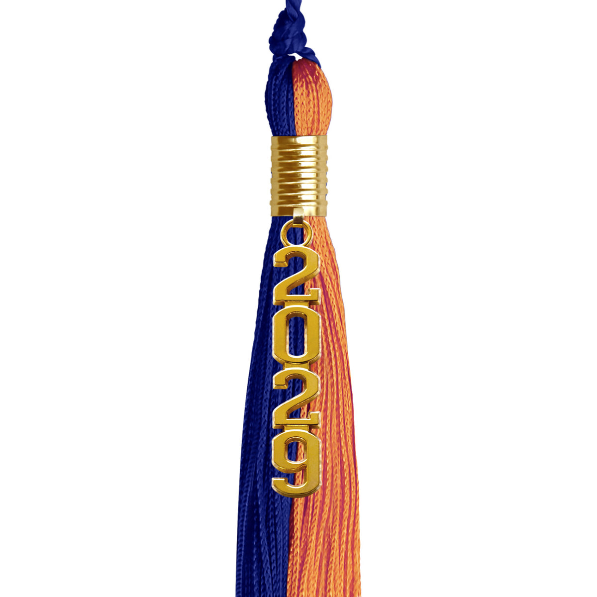 Royal Blue/Orange Graduation Tassel with Gold Stacked Date Drop by Wholesale Grad Supply