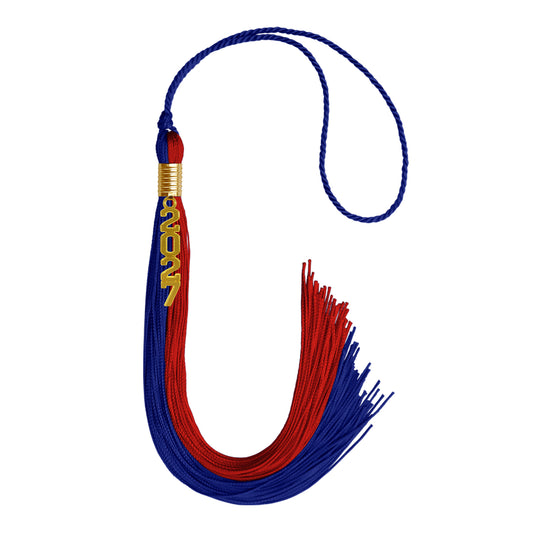 Royal Blue/Red Graduation Tassel with Gold Stacked Date Drop by Wholesale Grad Supply