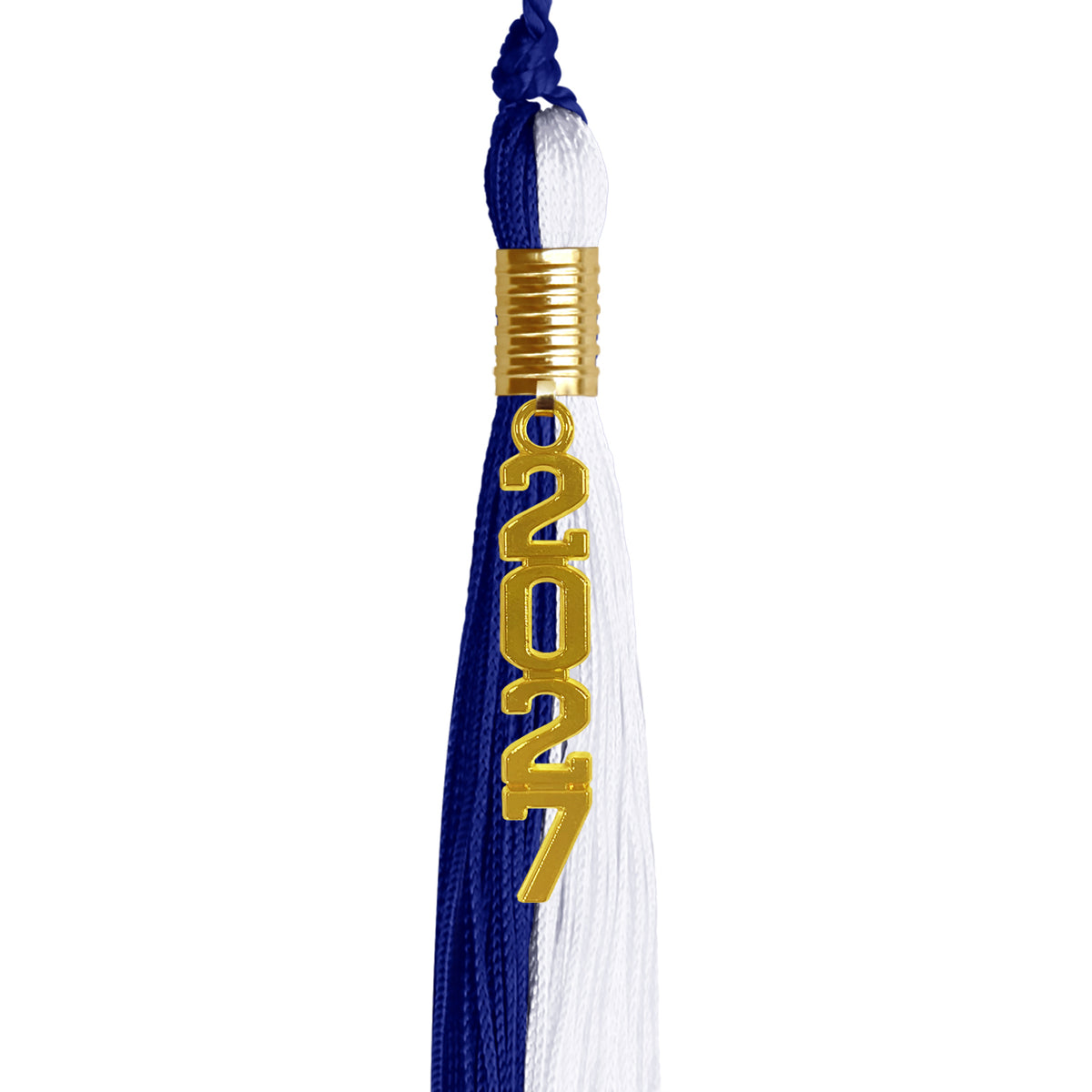 Royal Blue/White Graduation Tassel with Gold Stacked Date Drop by Wholesale Grad Supply