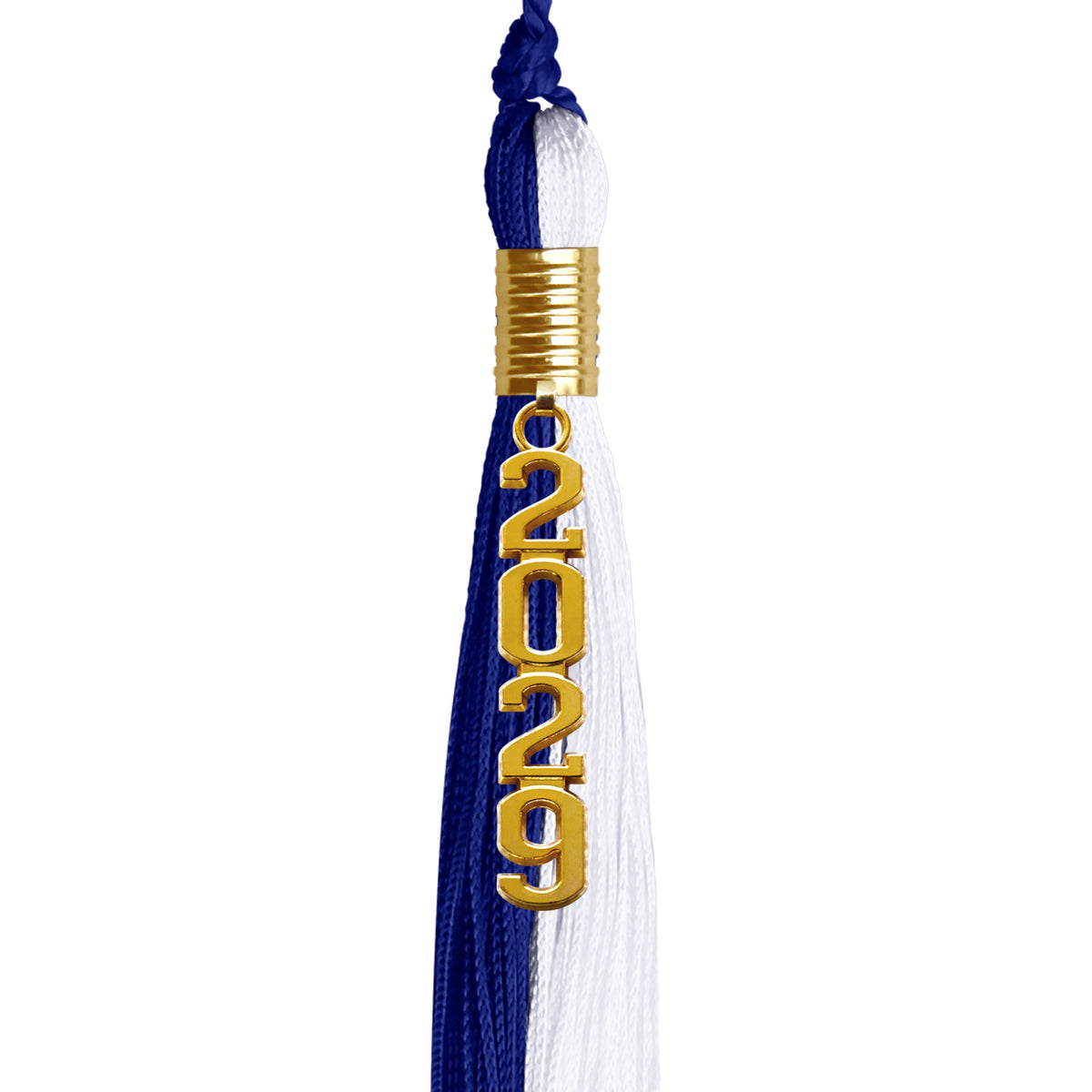Royal Blue/White Graduation Tassel with Gold Stacked Date Drop by Wholesale Grad Supply