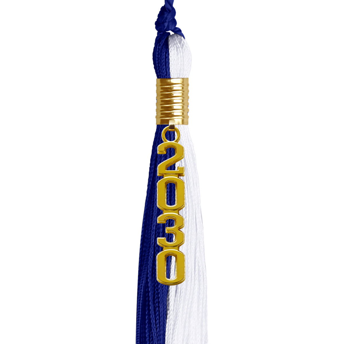 Royal Blue/White Graduation Tassel with Gold Stacked Date Drop by Wholesale Grad Supply