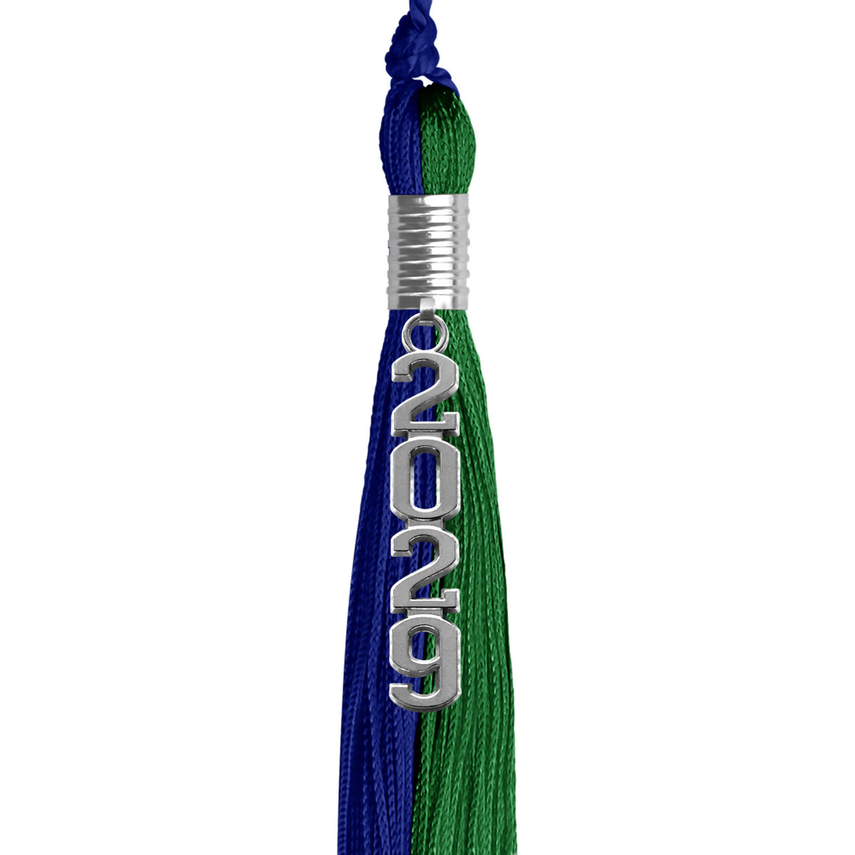 Royal Blue/Green Graduation Tassel with Silver Stacked Date Drop by Wholesale Grad Supply