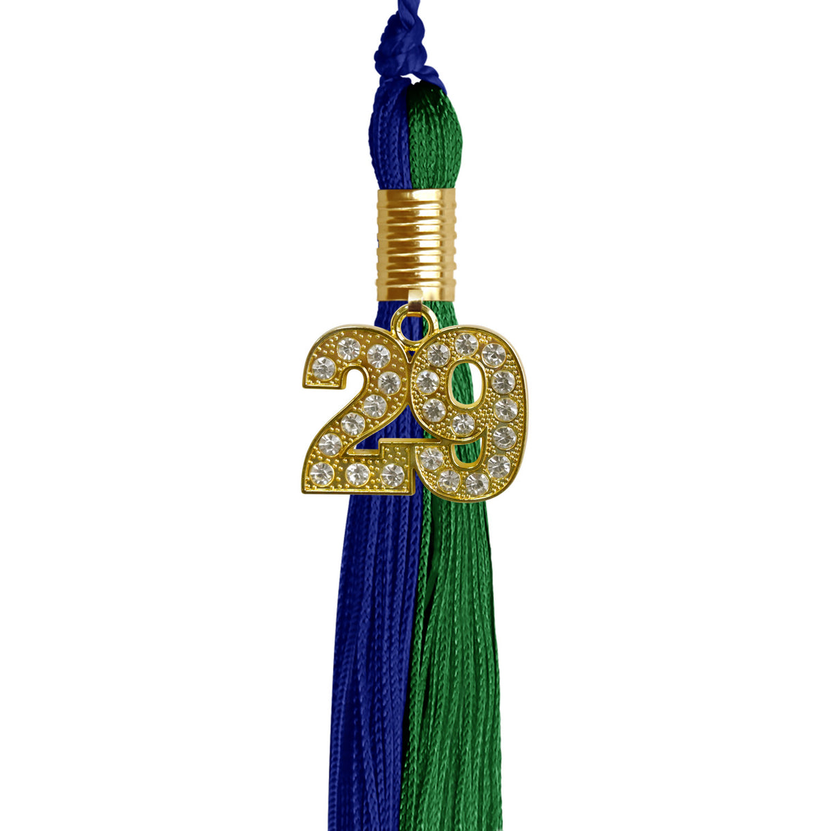 Royal Blue/Green Graduation Tassel with Gold Bling Charm by Wholesale Grad Supply