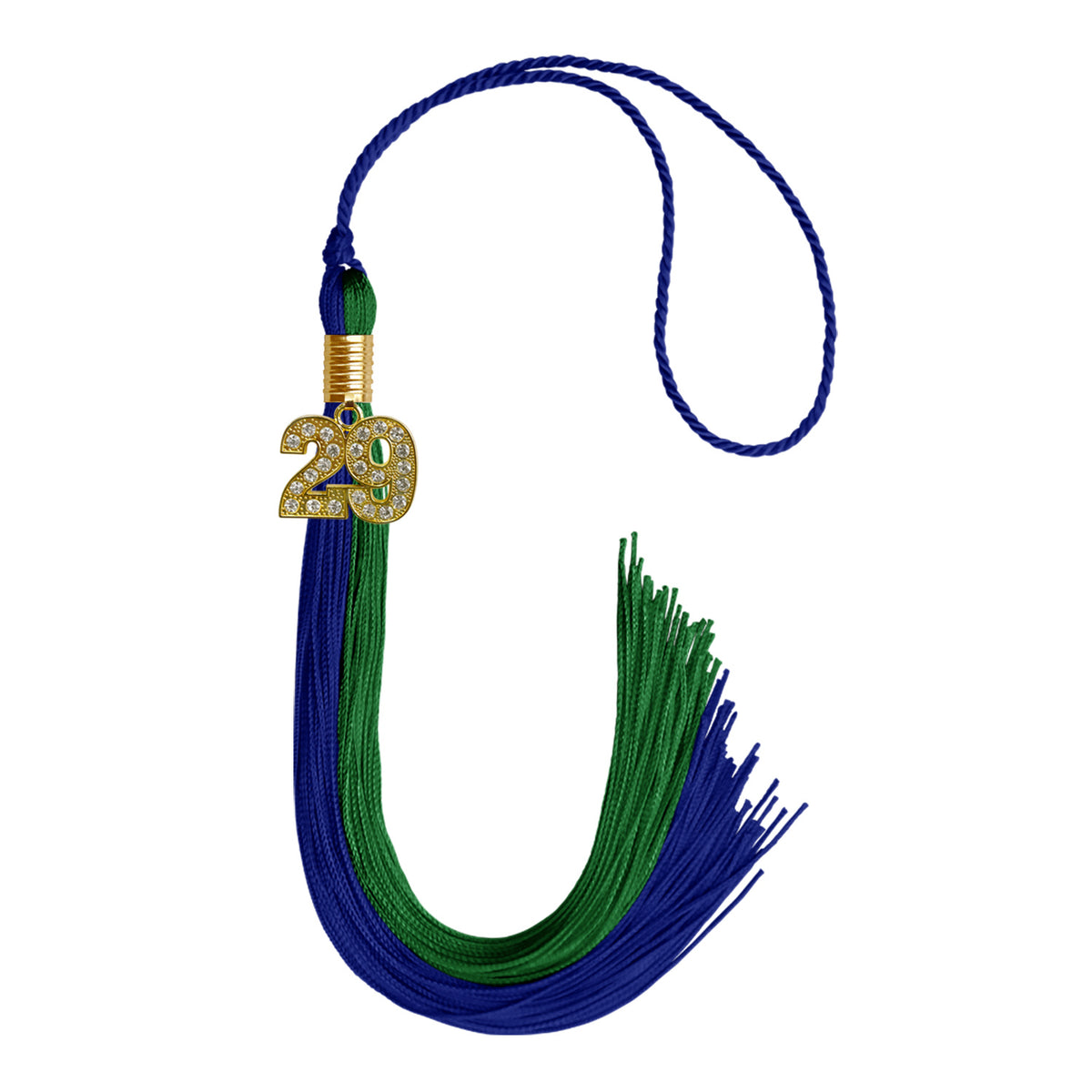 Royal Blue/Green Graduation Tassel with Gold Bling Charm by Wholesale Grad Supply