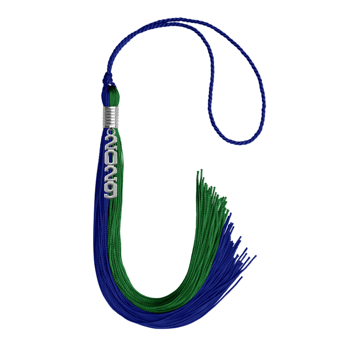 Royal Blue/Green Graduation Tassel with Silver Stacked Date Drop by Wholesale Grad Supply