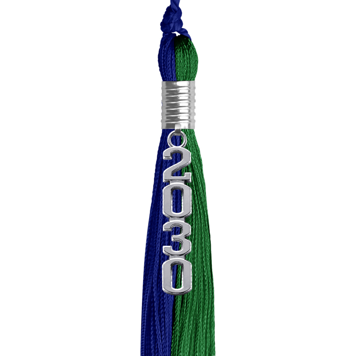 Royal Blue/Green Graduation Tassel with Silver Stacked Date Drop by Wholesale Grad Supply