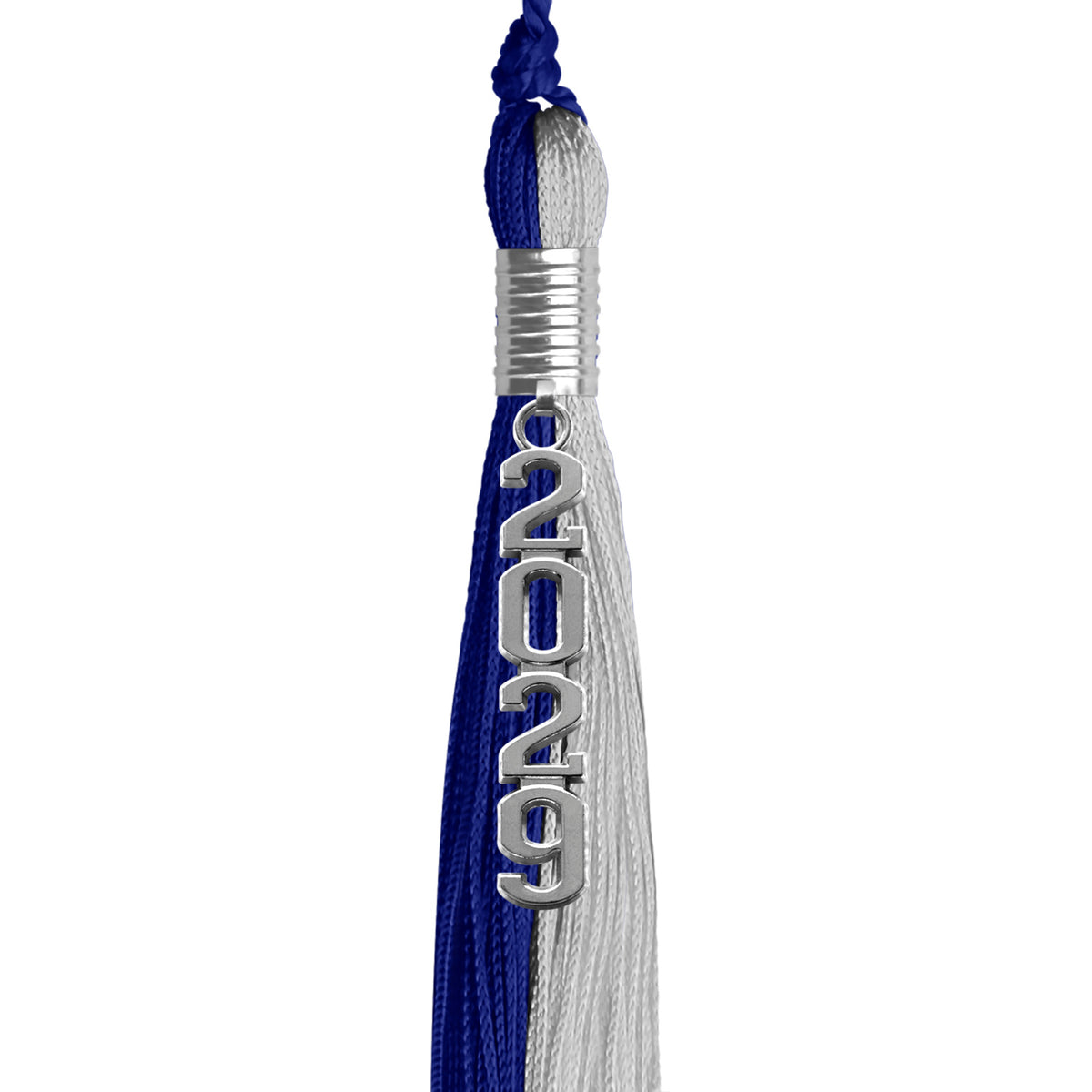Royal Blue/Grey Graduation Tassel with Silver Stacked Date Drop by Wholesale Grad Supply