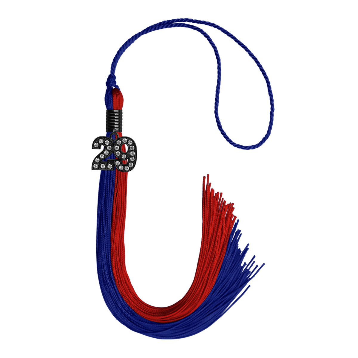 Royal Blue/Red Graduation Tassel with Black Bling Charm by Wholesale Grad Supply