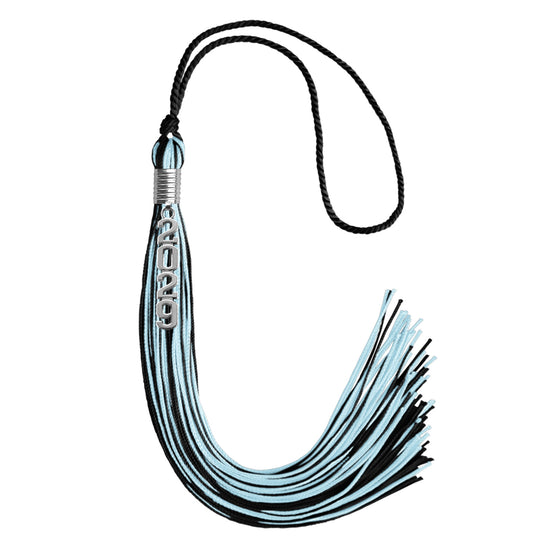 Black/Light Blue Mixed Color Graduation Tassel with Stacked Silver Date Drop by Wholesale Grad Supply