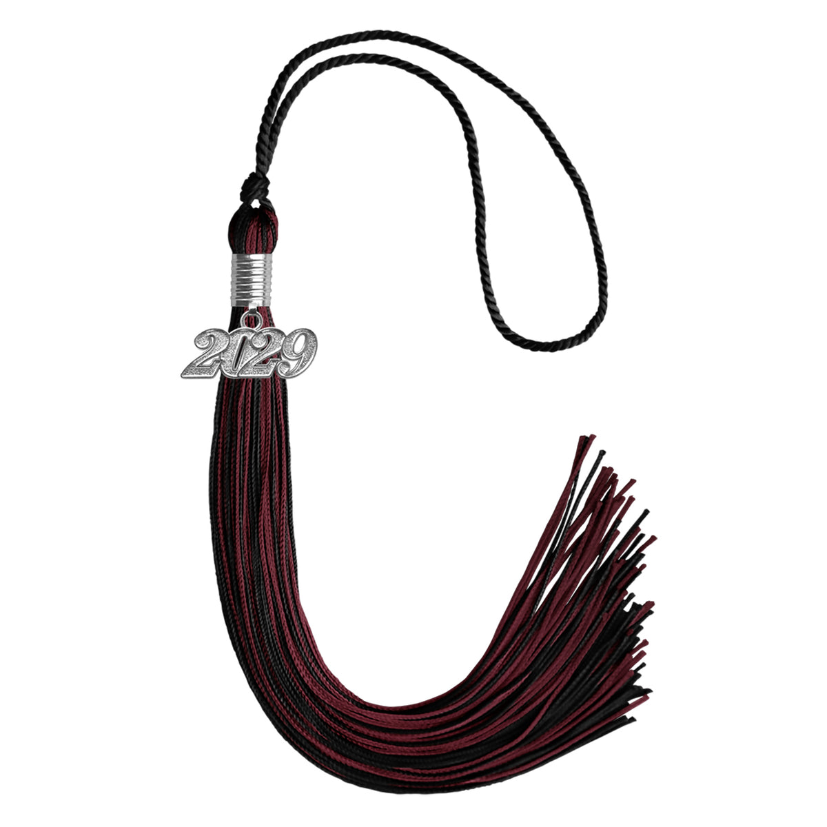 Black/Maroon Mixed Color Graduation Tassel with Silver Date Drop by Wholesale Grad Supply
