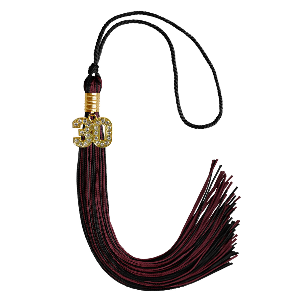 Black/Maroon Mixed Color Graduation Tassel with Gold Bling Charm by Wholesale Grad Supply