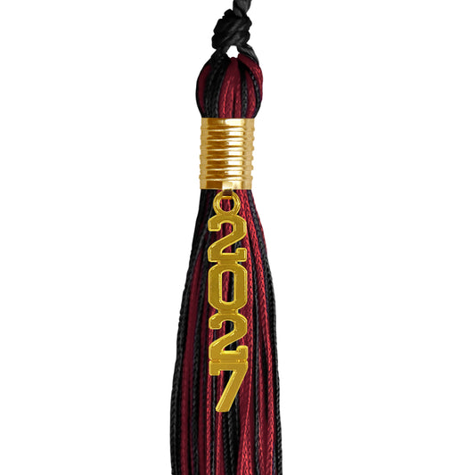 Black/Cardinal Mixed Color Graduation Tassel with Gold Stacked Date Drop by Wholesale Grad Supply