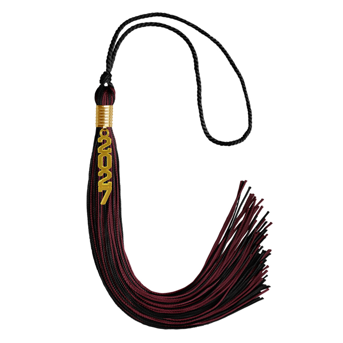 Black/Maroon Mixed Color Graduation Tassel with Gold Stacked Date Drop by Wholesale Grad Supply