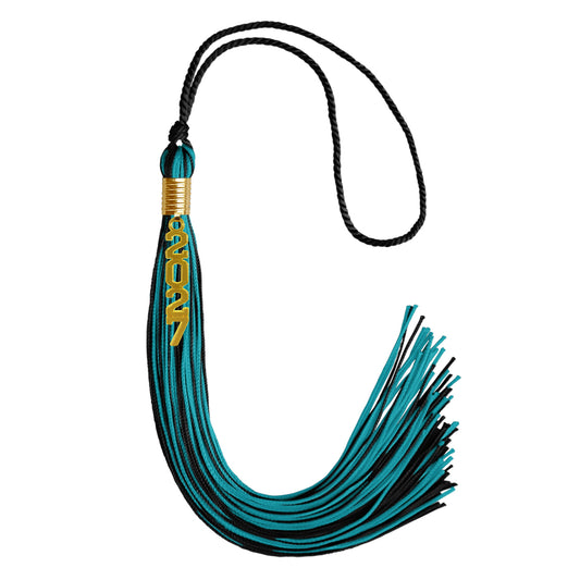 Black/Peacock Mixed Color Graduation Tassel with Gold Stacked Date Drop by Wholesale Grad Supply