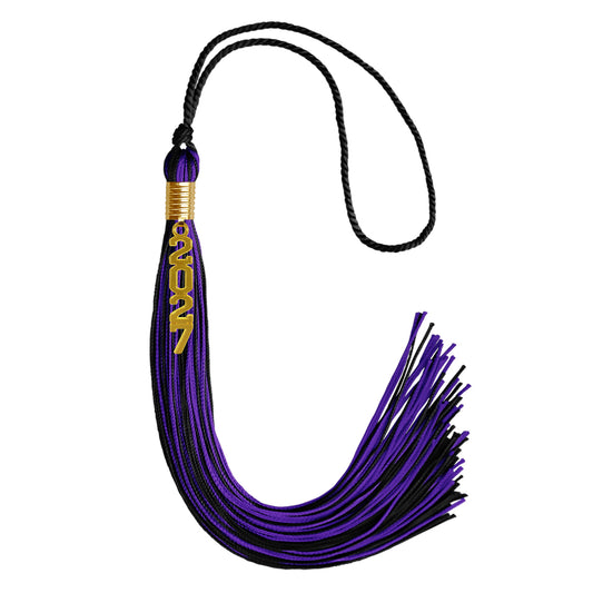 Black/Purple Mixed Color Graduation Tassel with Gold Stacked Date Drop by Wholesale Grad Supply