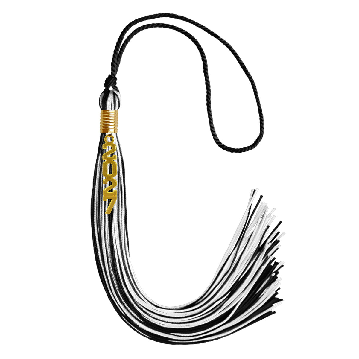 Black/White Mixed Color Graduation Tassel with Gold Stacked Date Drop by Wholesale Grad Supply