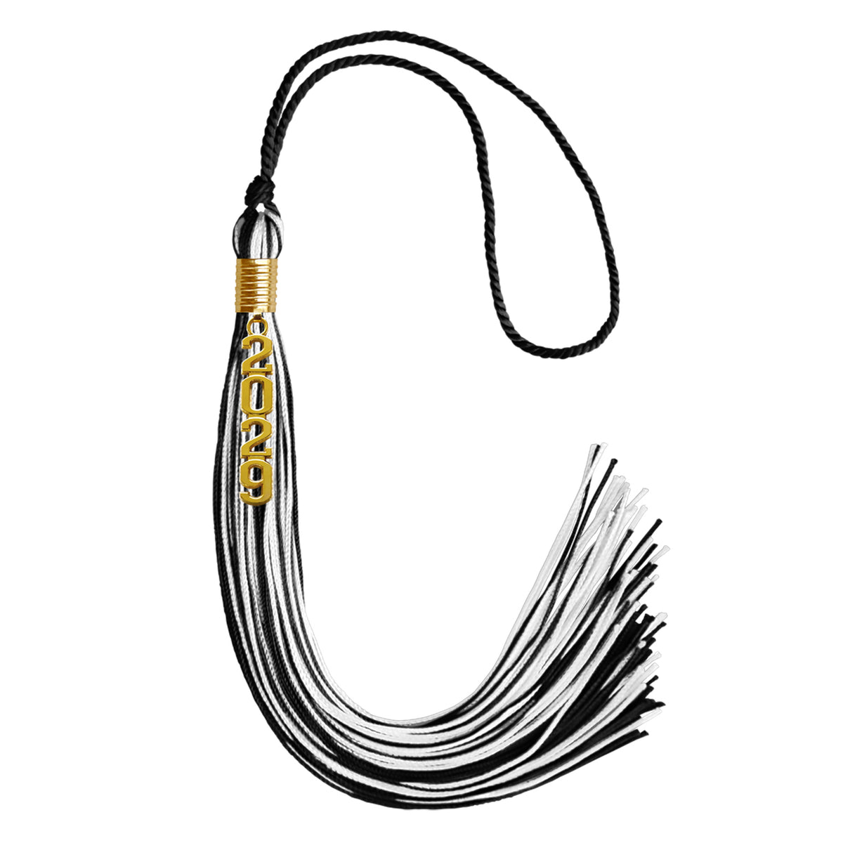 Black/White Mixed Color Graduation Tassel with Gold Stacked Date Drop by Wholesale Grad Supply