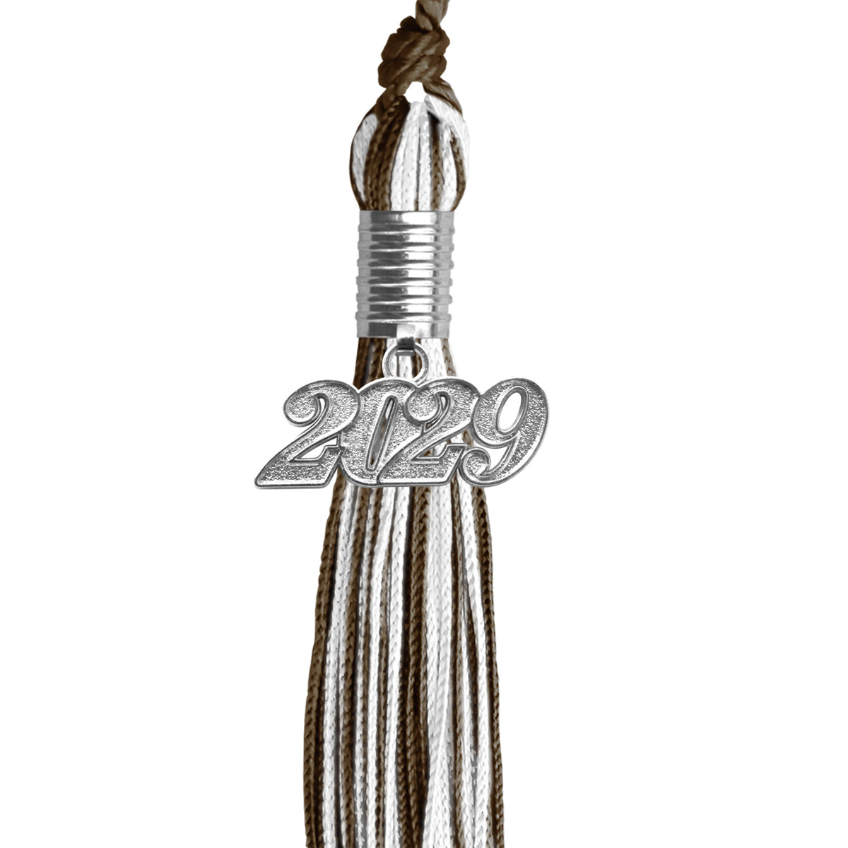 Brown/White Mixed Color Graduation Tassel with Silver Date Drop by Wholesale Grad Supply