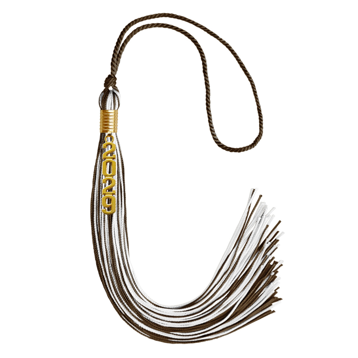 Brown/White Mixed Color Graduation Tassel with Gold Stacked Date Drop by Wholesale Grad Supply