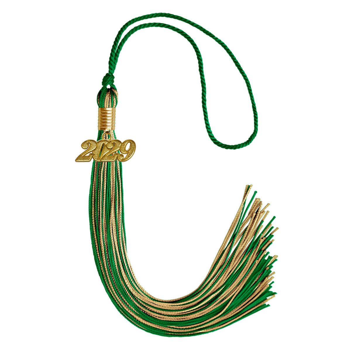 Green/Antique Gold Mixed Color Graduation Tassel with Gold Date Drop by Wholesale Grad Supply