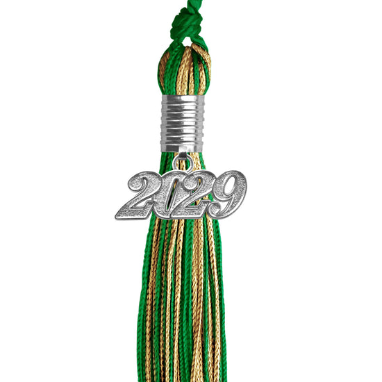 Green/Antique Gold Mixed Color Graduation Tassel with Silver Date Drop by Wholesale Grad Supply