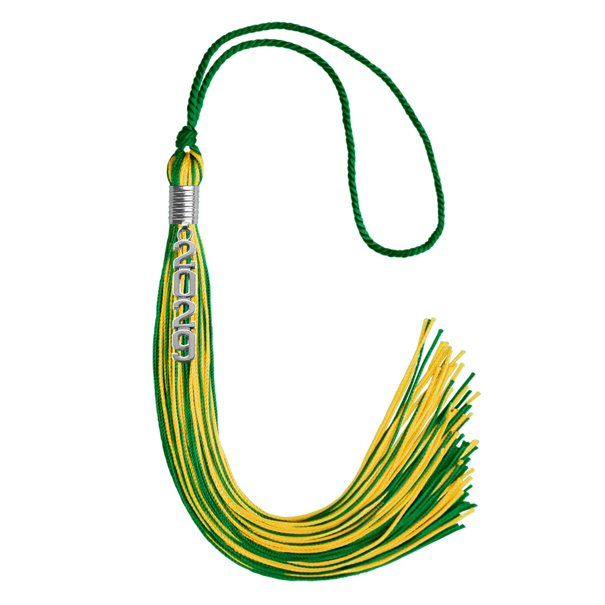 Green/Gold Mixed Color Graduation Tassel with Stacked Silver Date Drop by Wholesale Grad Supply