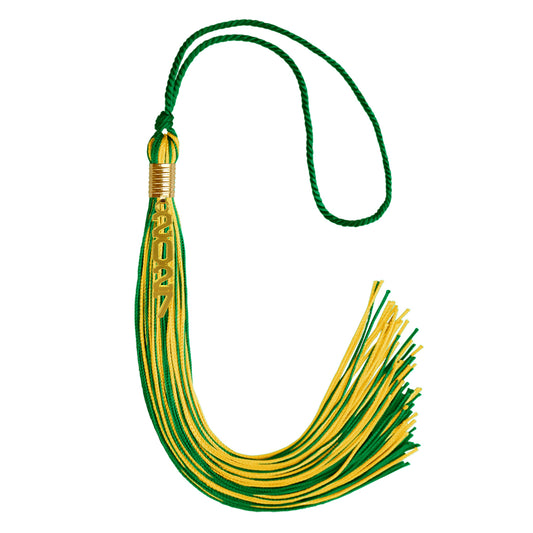Green/Gold Mixed Color Graduation Tassel with Gold Stacked Date Drop by Wholesale Grad Supply