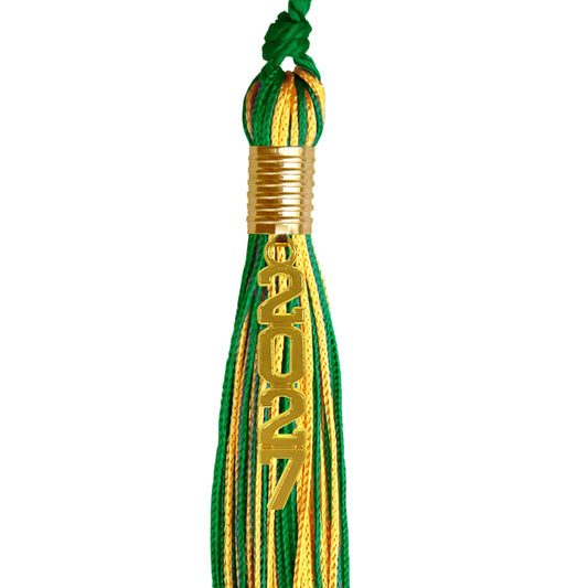 Green/Gold Mixed Color Graduation Tassel with Gold Stacked Date Drop by Wholesale Grad Supply