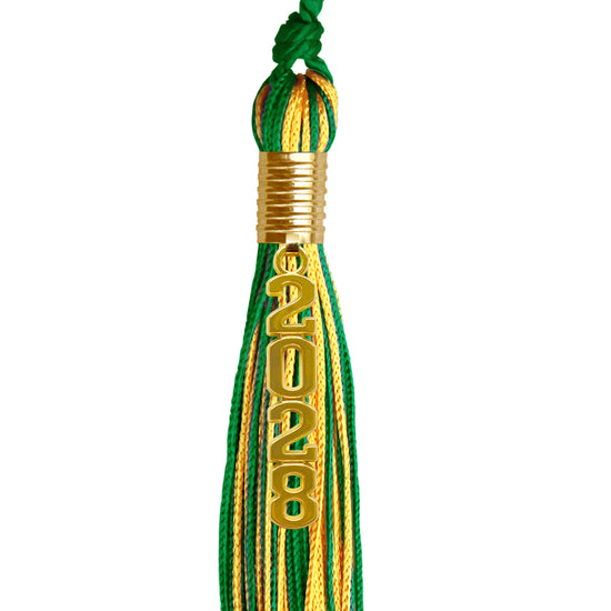 Green/Gold Mixed Color Graduation Tassel with Gold Stacked Date Drop by Wholesale Grad Supply