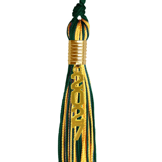 Hunter Green/Gold Mixed Color Graduation Tassel with Gold Stacked Date Drop by Wholesale Grad Supply